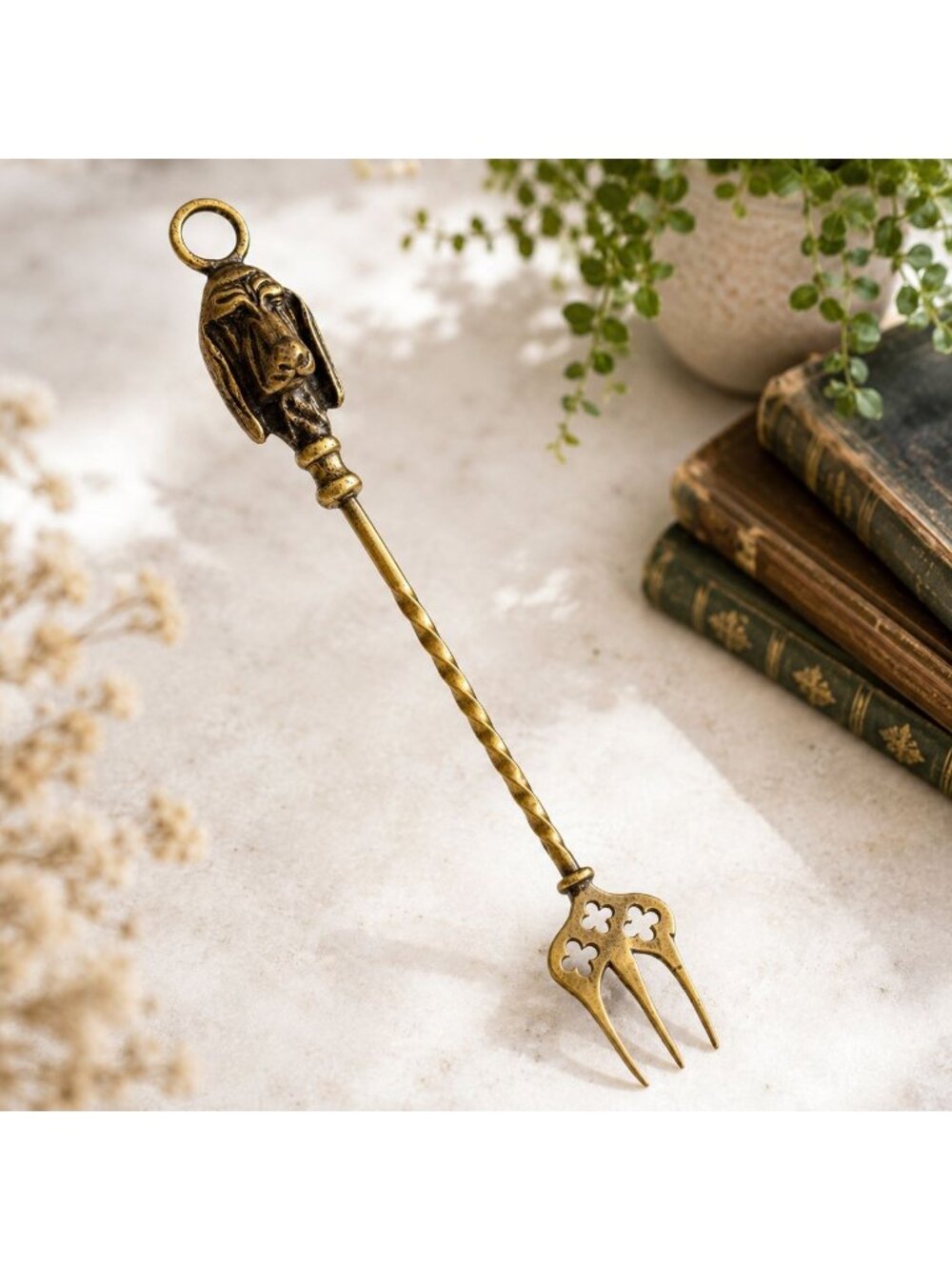 Antique Brass Dog Handle Decorative Fork With Ornate Design 15" Long Rustic Fini
